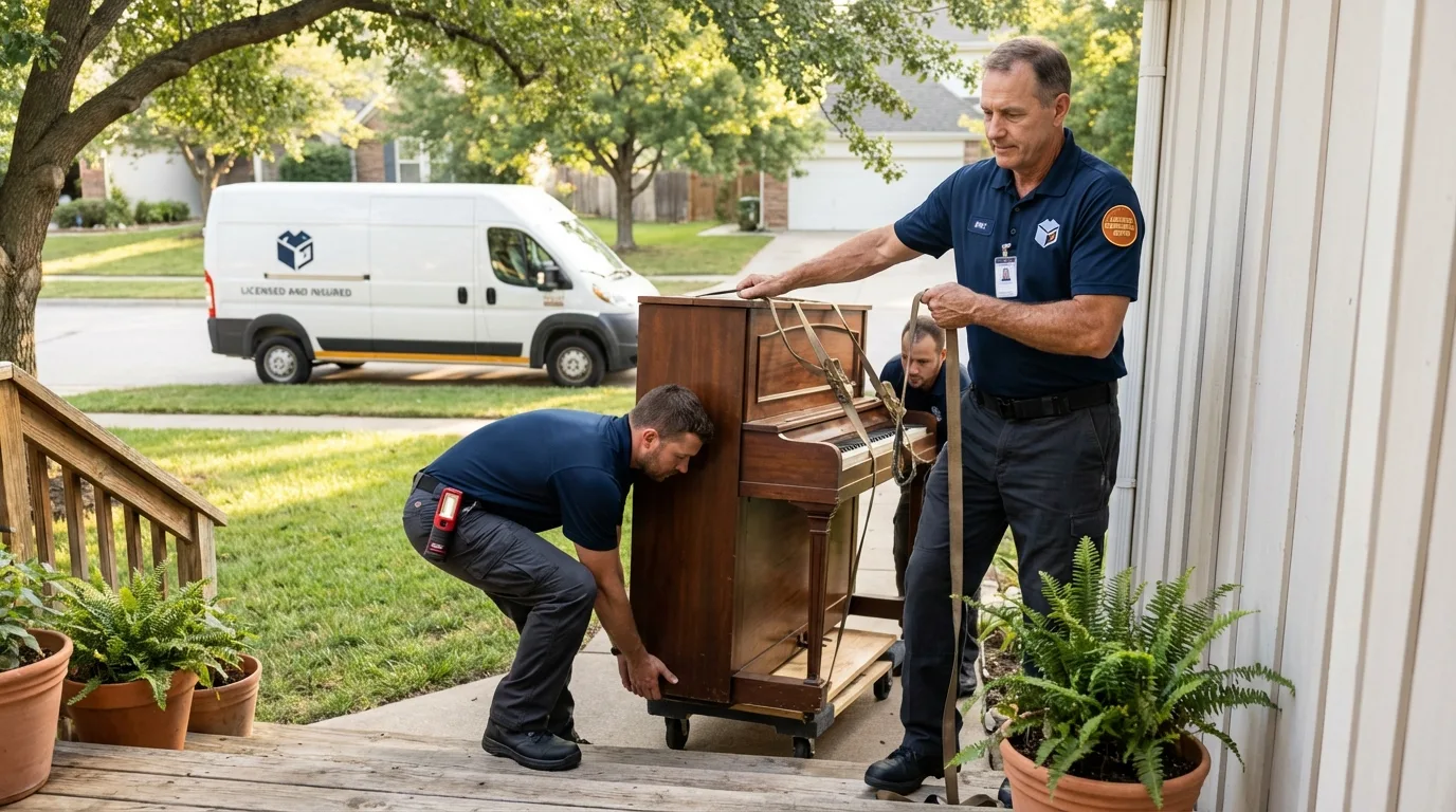 Licensed piano movers securing grand piano in Norwalk, CT