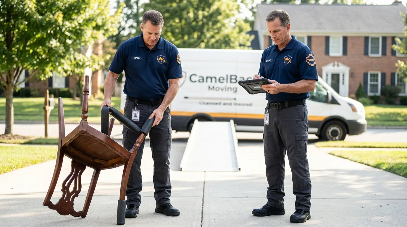 Movers inspecting furniture for damage prevention before loading in Norwalk, CT