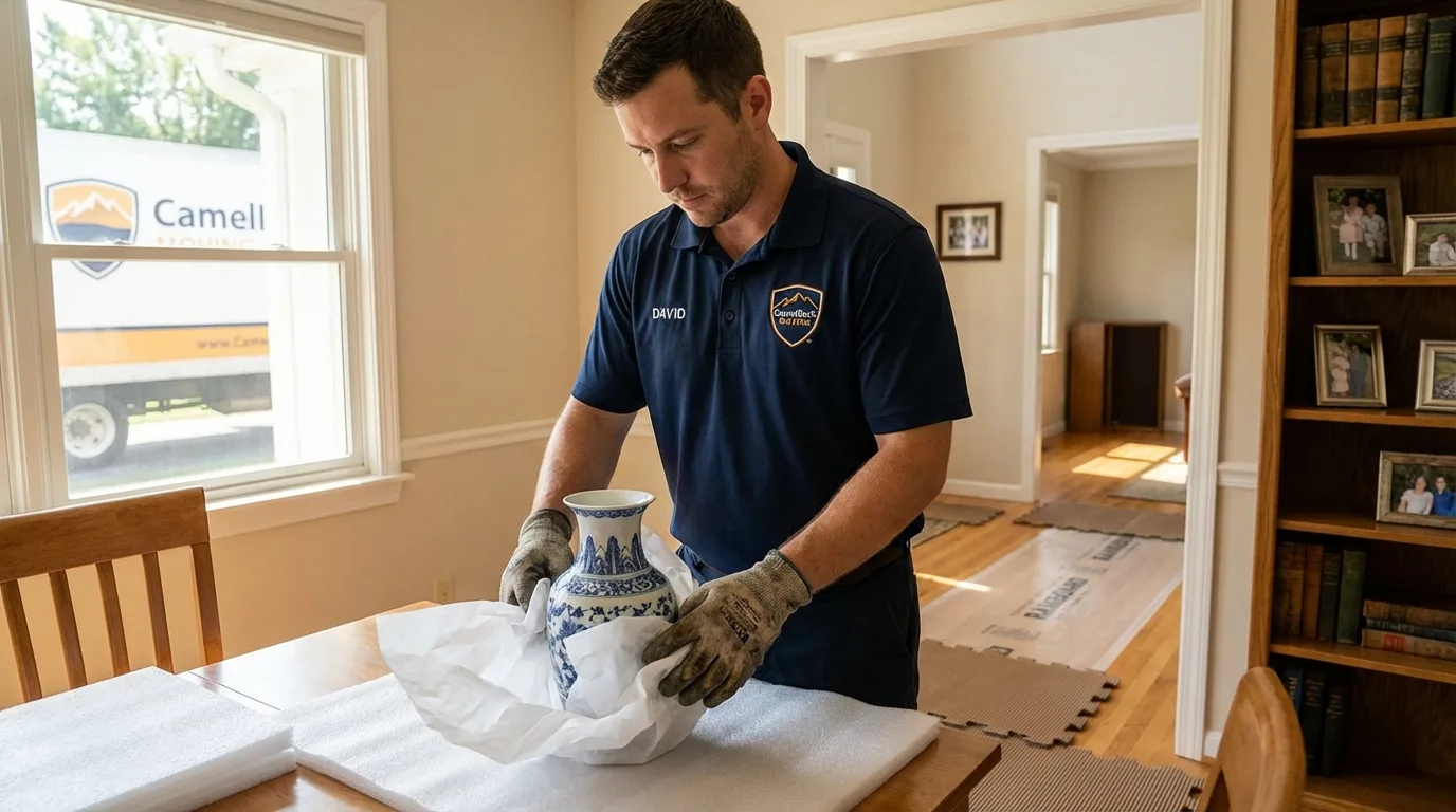 Professional crew carefully wrapping antique vase for senior downsizing move in Norwalk, CT